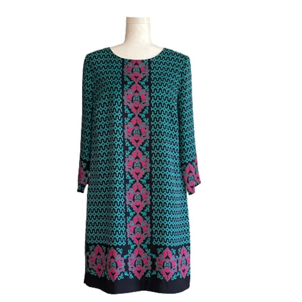 Crown & Ivy Dress Shift 3/4 Sleeve Geo Elephant Print Navy Turquoise Pink Size 8